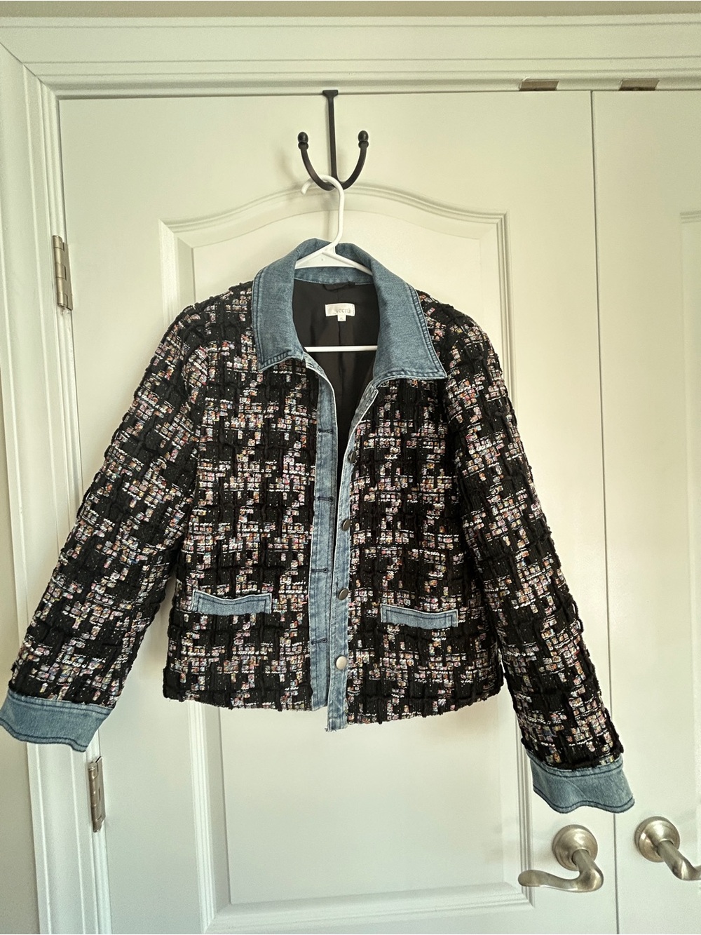 ecru Black Tweed Jacket with Light Blue Denim Trim